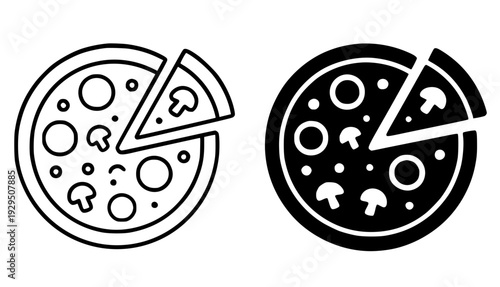 Pizza illustration icon, black and white in outline and silhouette design style