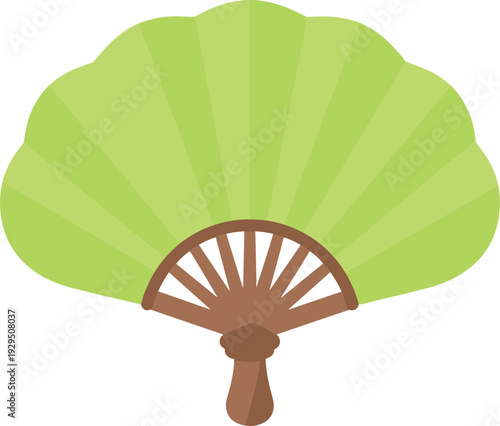 Elegant green hand fan with brown wooden handle against a white backdrop