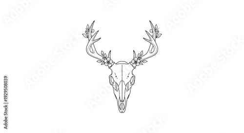 Deer Skull with Antlers Line Drawing.