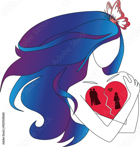 Emotional Silhouette of a Girl Holding a Broken Heart with Relationship Symbols.