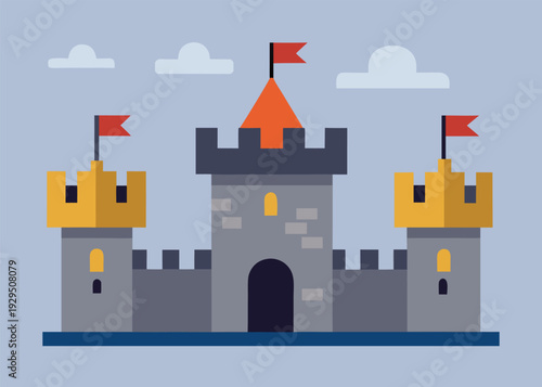 An illustrated set of a medieval stone castle with tall towers, strong battlements, a main gate, and red flags.