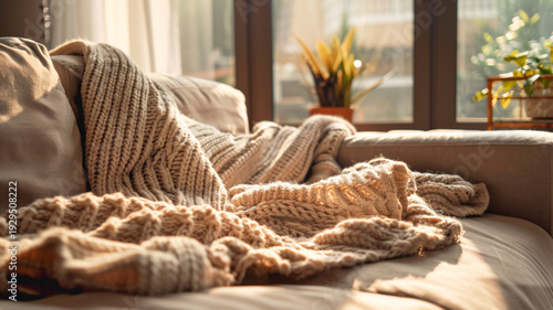 Warm beige knitted throw blanket draped over a cozy sofa in a sunlit living room, embodying home lifestyle and comfort.