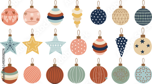 Large collection of vintage style Christmas baubles and holiday ornaments with stars hearts and patterns for winter celebration greeting cards and festive seasonal decor designs.