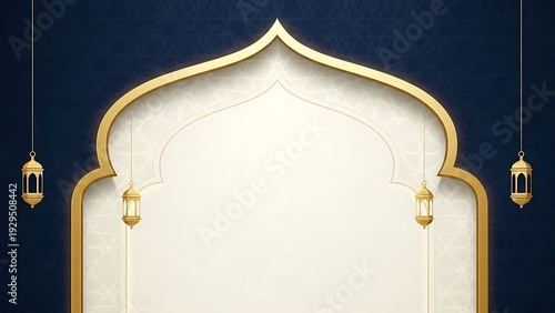 Elegant golden arched frame with lanterns on a dark blue background