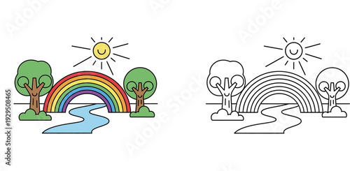 Colorful and Line Art Nature Landscape Illustration with Smiling Sun Rainbow River and Cartoon Trees for Children's Educational Coloring Book and Creative Activities