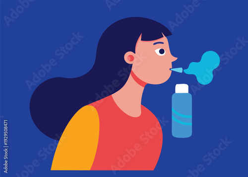A flat illustration of a woman with dark hair and an orange shirt using a blue asthma inhaler against a dark blue background.