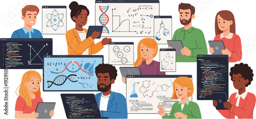 Illustration of diverse people engaged in remote STEM education with laptops and educational diagrams on screens and whiteboards in a collaborative online learning environment.