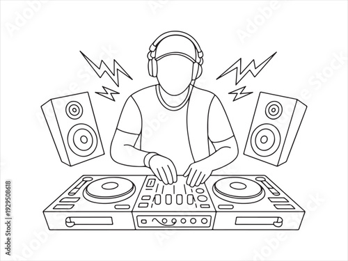Continuous Line Drawing of DJ Playing Music with Turntable – Party Audio Vector Illustration