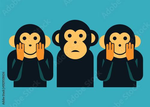 A flat illustration of the three wise monkeys, with one covering its eyes, one covering its ears, and one covering its mouth.