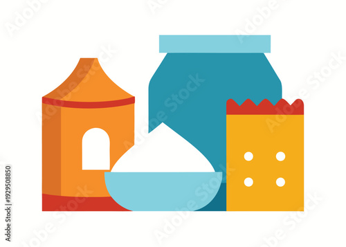 An illustration of various baking and grain products, including a blue container, a bowl of white flour, and a yellow bag.