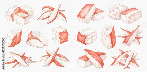 Watercolor illustration set of imitation crab meat sticks and chunks, surimi seafood collection.
