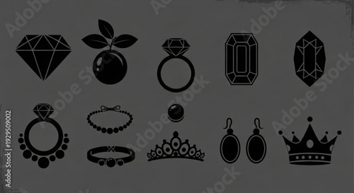 Collection of elegant jewelry icons including rings, crowns, and gemstones