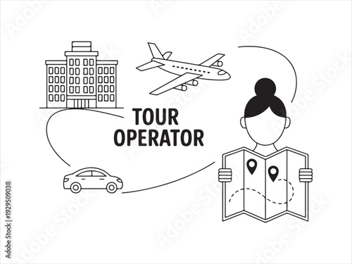 Travel and Tour Operator Concept with Map, Airplane and Hotel, Line Art Vector Illustration
