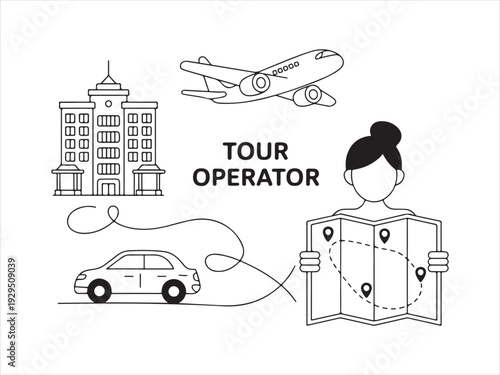 Travel and Tour Operator Concept with Map, Airplane and Hotel, Line Art Vector Illustration
