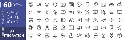 API Integration line icon set. Application programming interface, data exchange, automation, server, cloud sync, developer tools icons vector illustration. Editable pixel-perfect stroke icon