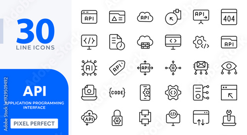 API Integration line icon set. Application programming interface, data exchange, server, code, cloud sync, developer tools, vector icons