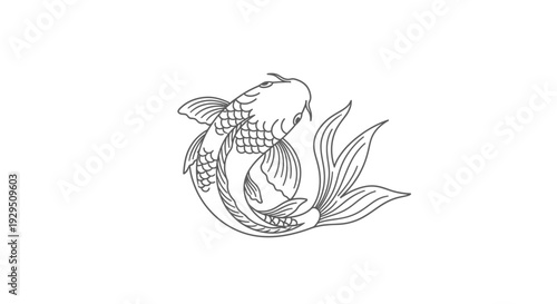 Koi Fish Illustration with Water Lily Pads.