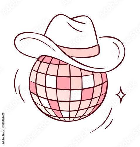 Disco cowgirl hat for ball pink party and vinyl vector club. Bachelorette dance drawn for retro print american and logo mirror groovy. Pink disco celebration for ball day flat and valentines.