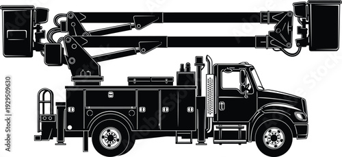 Black and white vector illustration of a utility bucket truck with dual cherry picker lifts, industrial service vehicle, maintenance equipment, isolated