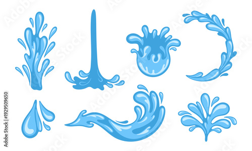 Water splash and blue liquid drops set isolated. Cartoon vector collection of fresh aqua splashes, waves and ripples for drink or cosmetic design. Dynamic motion symbols.