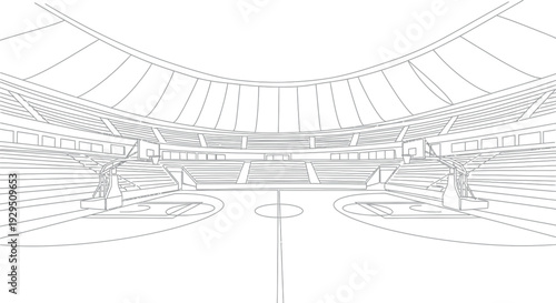Outline drawing of an empty indoor basketball arena with towering grandstands