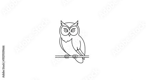 Simple Line Drawing of Owl on Branch.