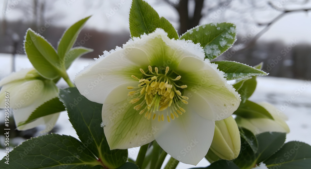 Fototapeta premium White hellebore in winter snow with green leaves