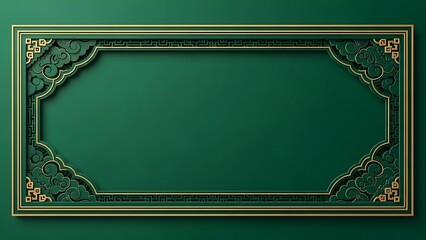 Elegant green and gold frame with ornate corner designs on matching backdrop