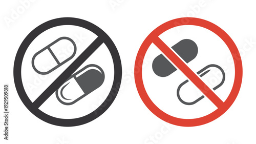 Prohibition icons for pills and capsules, red and gray warning symbols, no drug signs, medical safety illustration, healthcare alert design.