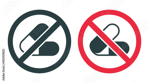 Prohibition icons for pills and capsules, red and gray warning symbols, no drug signs, medical safety illustration, healthcare alert design.