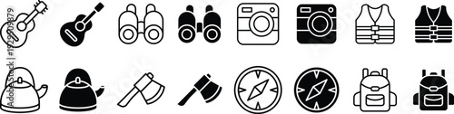 Outdoor Adventure and Camping Icons Set – Backpack, Compass, Axe, Binoculars, Camera, Guitar, Life Jacket and Kettle Vector Line and Solid Collection.