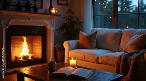 Cozy living room with a fireplace, open book, and candle capturing warm, inviting comfort.