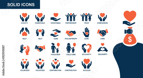 Two-tone solid icons for charity philanthropy community care solidarity and humanitarian aid for non-profit organization concepts