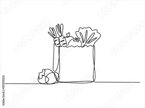 Continuous line drawing of a grocery bag with fresh vegetables healthy food vector illustration