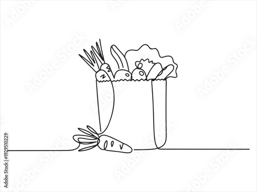 Continuous line drawing of a grocery bag with fresh vegetables healthy food vector illustration