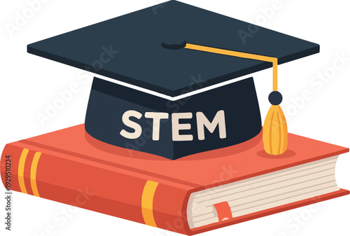 Flat lay illustration of a graduation cap labeled STEM on top of a textbook for remote STEM education.