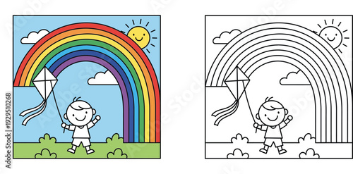 Kids coloring activity page featuring a happy boy flying a kite under a colorful rainbow and sun, outdoor scene illustration with color version and black and white outline for education.