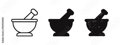 Mortar and Pestle Icon Set: Pharmacy, Spice Grinding, and Herbal Remedy Vector Illustration