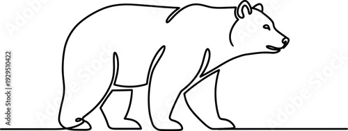 Minimalist continuous line drawing illustrates a powerful bear walking calmly forward