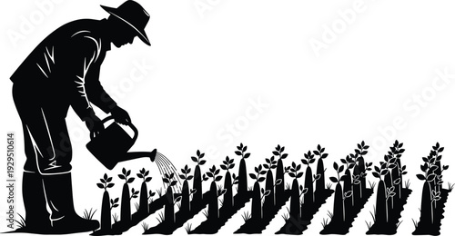 Black silhouette illustration of person in wide‑brimmed hat watering plants with can, agricultural activity, gardening, plant care, growth, outdoor lifestyle artwork concept