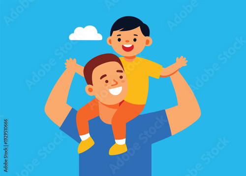 Happy father carrying his cheerful son on his shoulders under a clear blue sky.