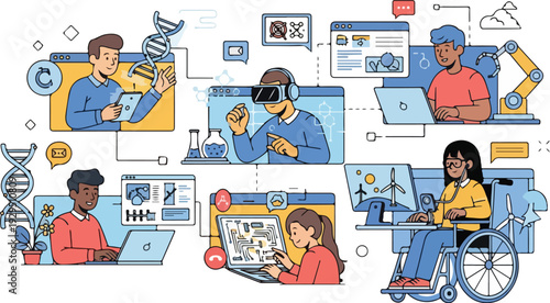 Illustration of diverse people engaged in remote STEM education with laptops and virtual reality in a colorful, modern setting.