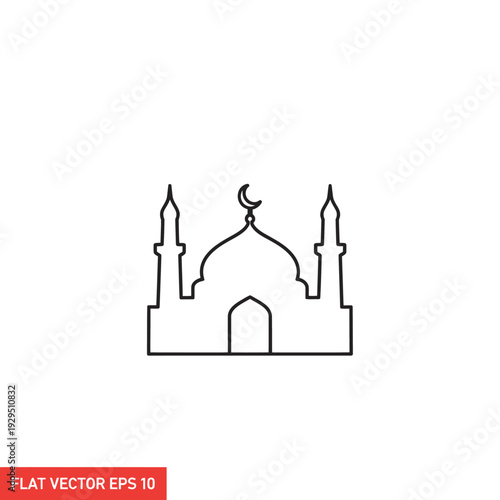 Mosque Minaret Line Art with Simple Red Banner Illustration