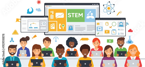 Illustration of diverse students engaged in remote STEM education with laptops and educational icons on screens in a colorful, flat design.