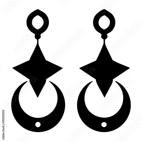 Pair of elegant black earrings with crescent moon and star design on transparent background