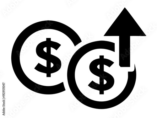 Two dollar signs with an upward arrow indicating rising income or financial growth on transparent background