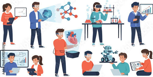 Illustration of diverse people engaged in remote STEM education with laptops and educational materials in a modern setting with a clean and minimalist aesthetic.