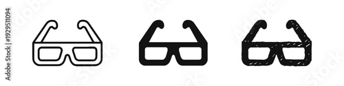 3D Glasses Icon Set: Outline, Silhouette, and Hand-Drawn Styles for Cinema and Entertainment