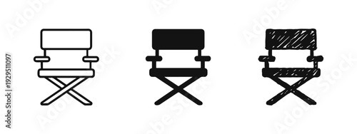 Director's Chair Icon Set: Line Art, Solid, and Doodle Styles for Film Production and Theater