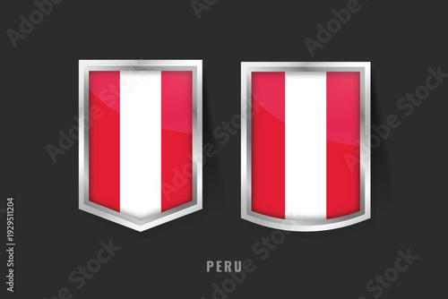 Vector illustration of Peru flag on 3D metallic shields. Red and white vertical triband representing peace, valor, and sacrifice. National symbol of Peruvian heritage and independence